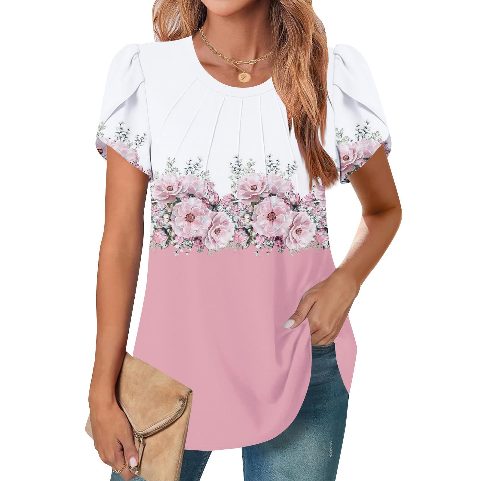 

Женский повседневный топ с круглым вырезом и коротким рукавом, с плиссировкой и расклешенными рукавами, с цветочным принтом XXL светло-розовый