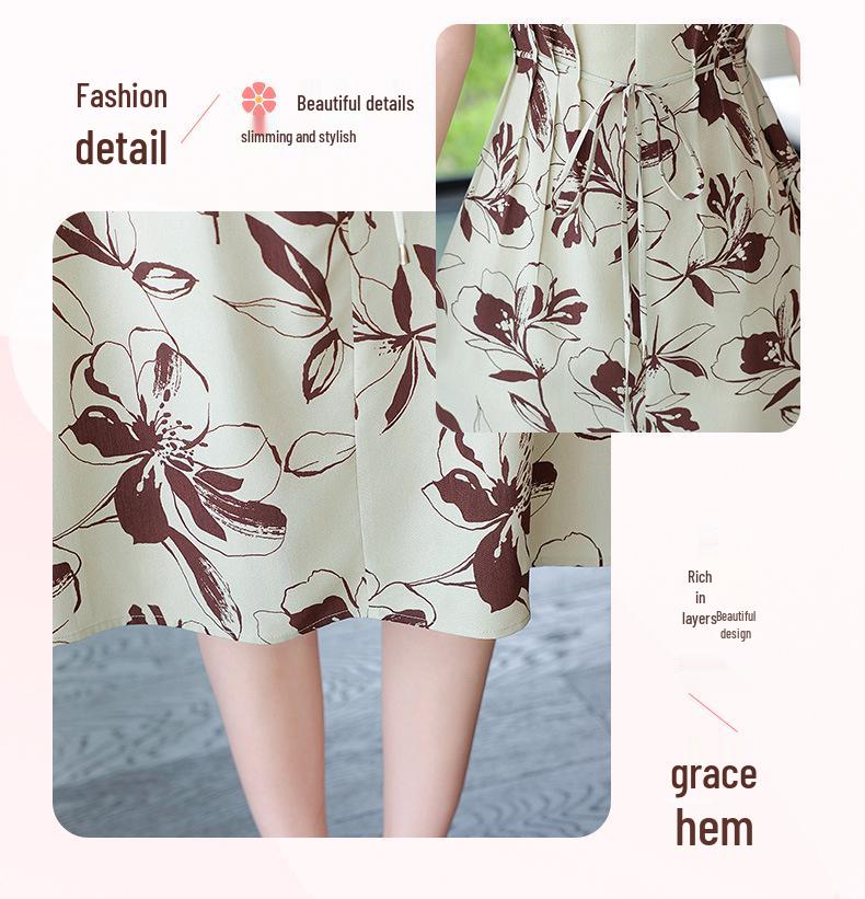 Mom's 2026 Stylish V-Neck Chiffon Dress for Middle-Aged & Elderly Women - Short-Sleeve Summer Skirt with Pockets