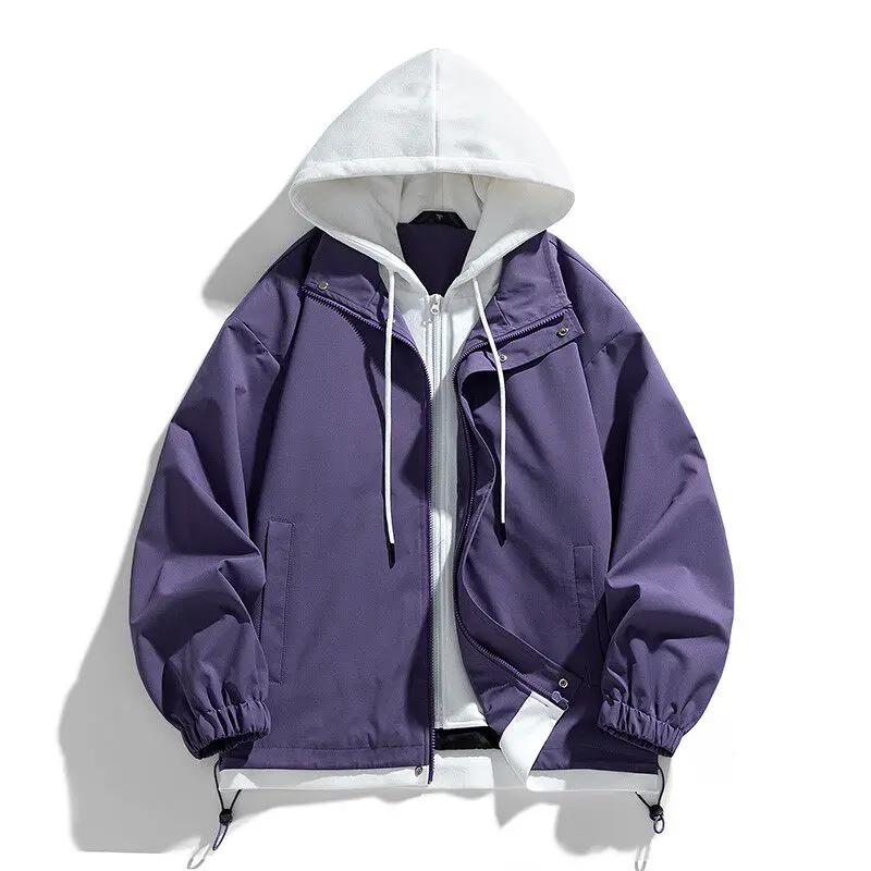 Spring Autumn New Fashion Hooded Jacket Men Hong Kong Style Patchwork Jackets Male Fake Two Pieces Casual Coat Hoodies Outerwear