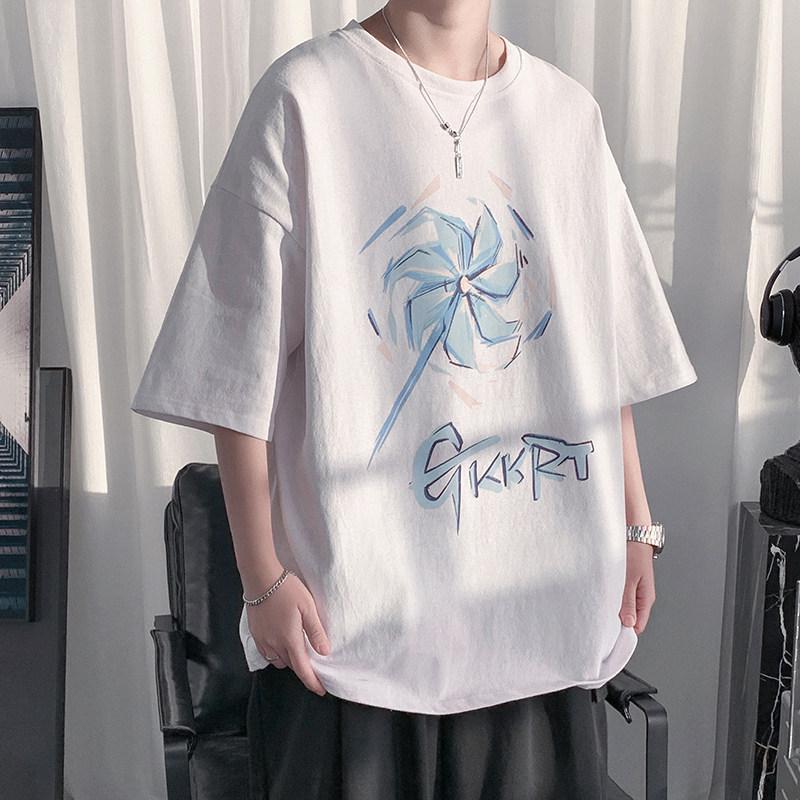 

Мужская футболка с коротким рукавом 2025 - Летний стиль Гонконга, Трендовый корейский дизайн с пятью точками для подростков 5XL белый