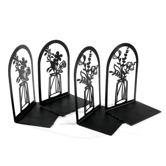 2 Stück Bücherregal-Buchstützen, hohle Blumen, geschnitztes Muster, Vase, Buchstützen, L-förmiges Design, rutschfester Buchhalter