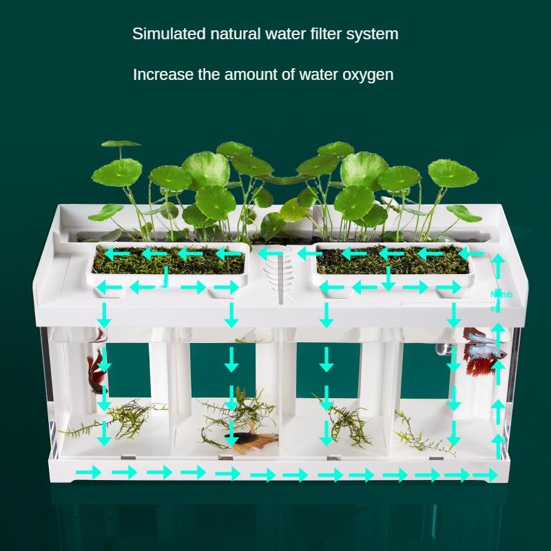 კრეატიული აკრილის მაგიდის ეკოლოგიური თევზის ავზი ფილტრით, არ საჭიროებს წყლის გაცვლას და სპეციალური საიზოლაციო ვედრო თევზის ავზი შუქით