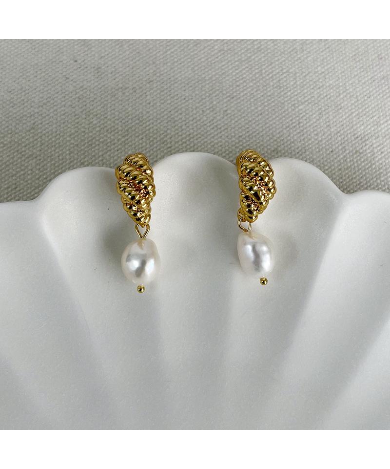 Gold-Plated Brass French Modern Croissant Baroque Pearl Earrings with 925 Silver Needle