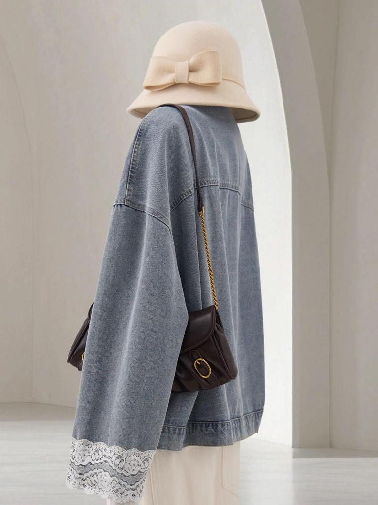 Women's Light Blue Denim Jacket with Lace Trim - Sweet Style, Stand Collar, Short Fit with Tag