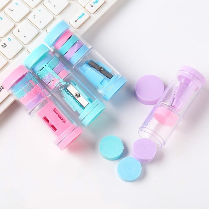 Candy Color Mini Pencil Sharpener and Erasers Stationery Pencil Sharpener Style Random