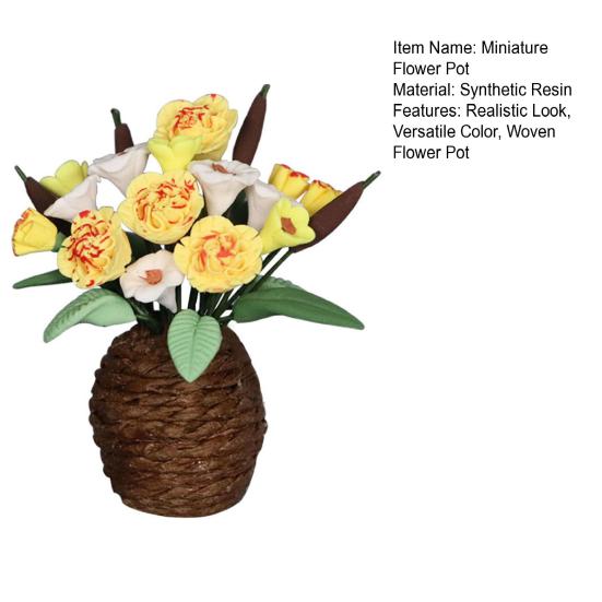 Dollhouse Potted Plant 1:12 Scale Hand-Kneaded Miniature Rattan Flower Pot with Lifelike Petals Leaf Veins Dollhouse Decor Accessory