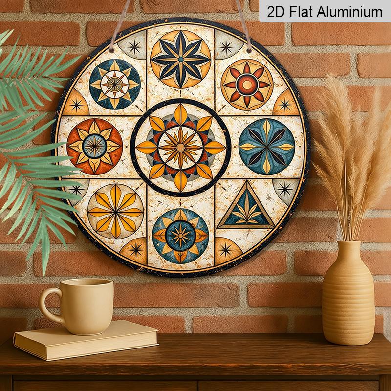 2D Flat, 1pc Round Vintage Mosaic Geometric Pattern Metal Sign, Metal Wall Door Hanging Decor, Suitable for Placing in Room/Restaurant/Bar/Front