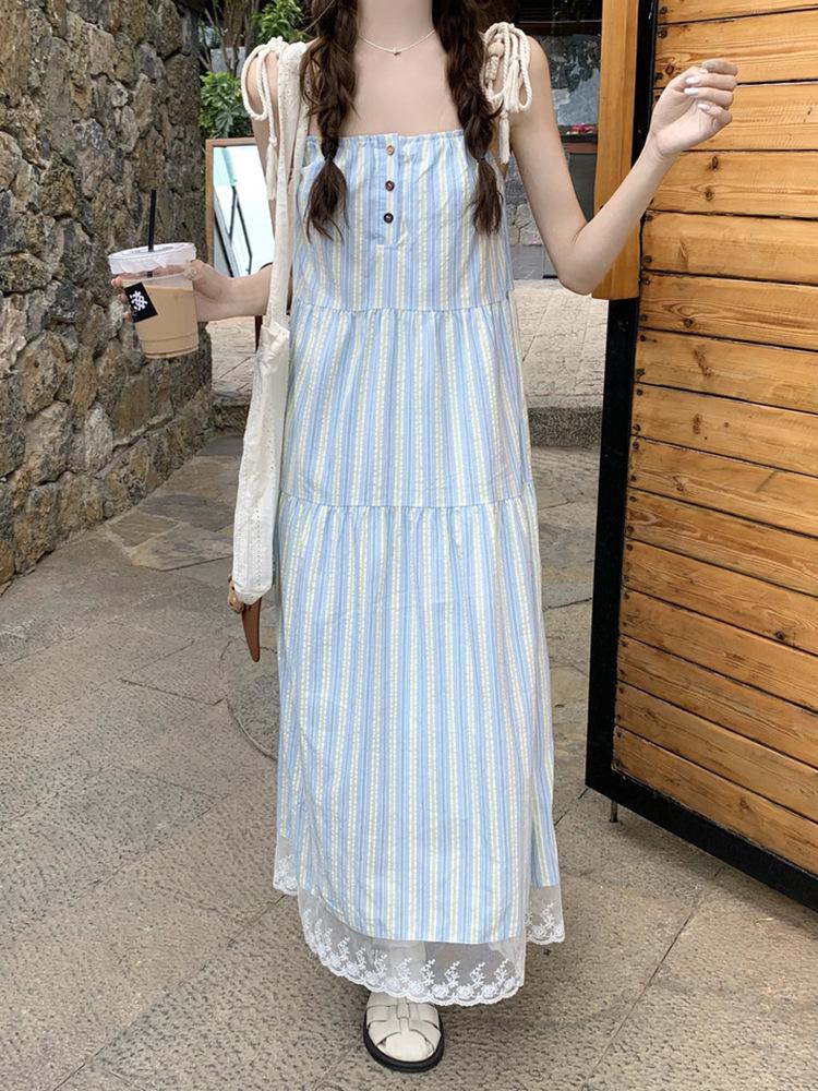 Women's Seaside Striped Camisole Dress - French Style Summer 2026, Loose Fit, Petite Long Dress