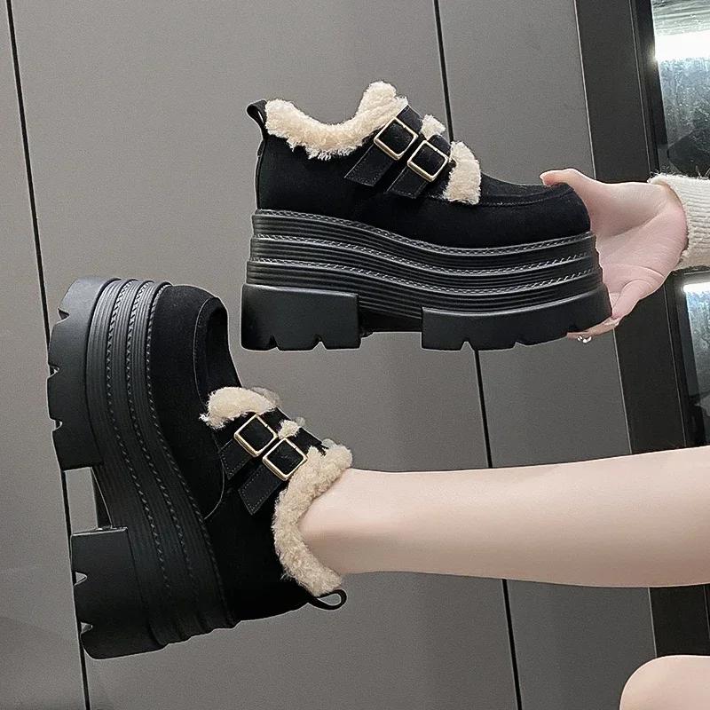 10CM New Winter Chunky Casual Snow Shoes Woman High Platform Wedge Heels Warm Fur Sneakers Fashion Women Buckle Leather Shoes