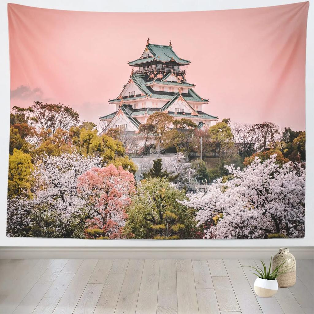 Sakura Tapestry Pink Japanese Cherry Blossoms Tapestries Spring Sunset Landscape Tapestry Wall Hanging for Bedroom Decoration