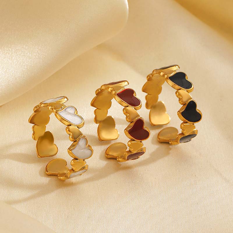 Stainless Steel Gold Color Heart Open Rings For Women Vintage Black Drip Oil Adjustable Couple Ring Jewelry Valentine's Day Gift