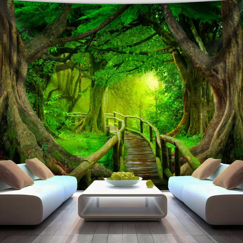 

2D Lush Green Forest Tapestry Pathway Bridge Wall Hanging for Dorm 47.2x31.5inch/120*80cm
