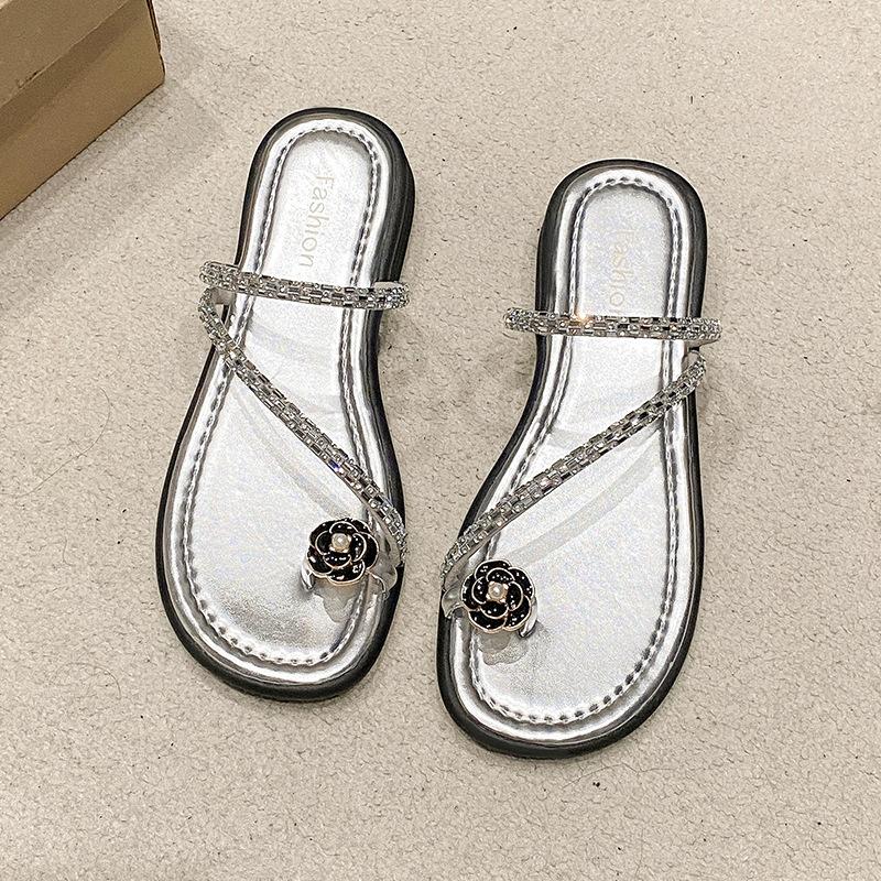 Flat-bottomed Set of Toe Small Cool Slippers Women's New Summer Soft-soled Shoes with Skirt Rhinestone Sandals