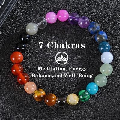 Bohemian Tiger Eye Crystal Beaded Bracelet with Seven Chakra Stones for Yoga.