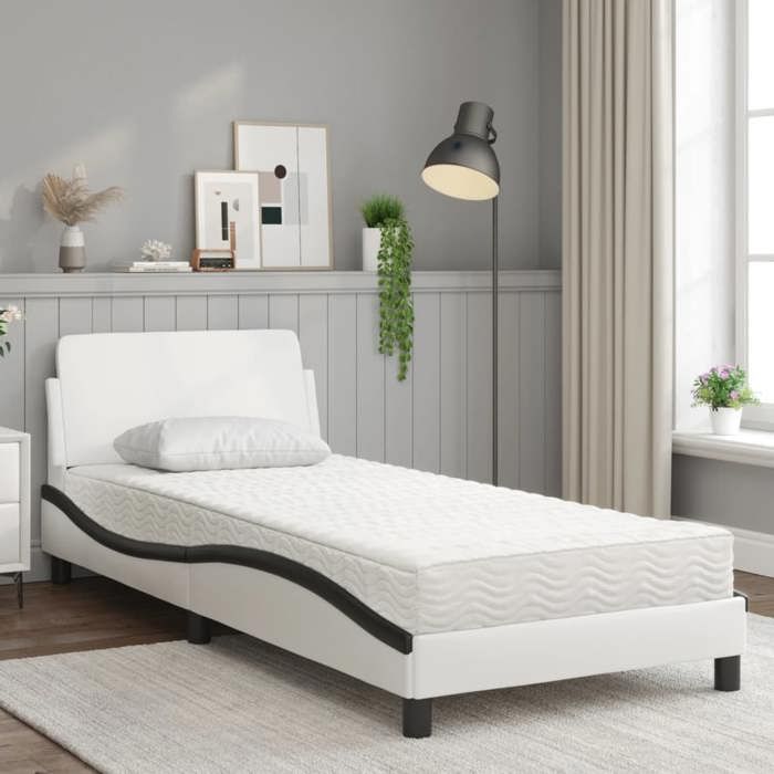 VidaXL Lit avec matelas blanc et noir 90x200 cm similicuir, meuble de chambre à coucher, lit simple, cadre de lit incurvé, 3208343