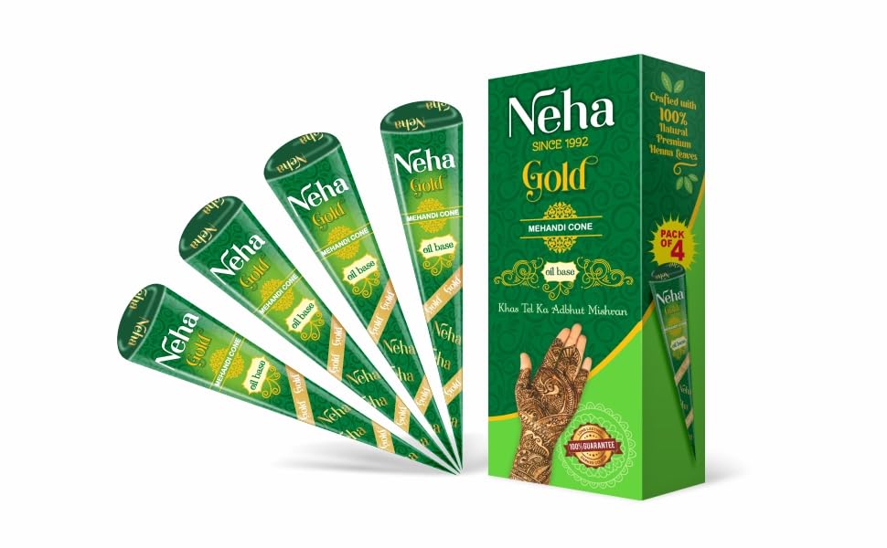 

Конус с хной Neha Gold, чистая паста хны с эфирными маслами для рук, ног и тела, для временного тату – по 25 г (Пакет из 4) – Вес нетто 100 г