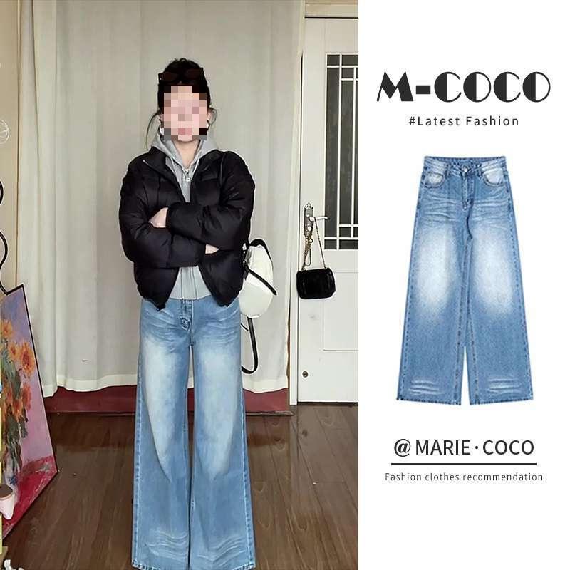 

Women s High-Waisted Retro Embroidered Jeans - Light Color, Straight & Wide Leg, Floor-Length for Autumn/Winter Fashion. Extra Large синій
