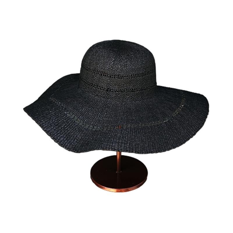 French Retro Hepburn Black Hollow Eaves Wavy Top Hat Women'S Summer Shading Sun Protection Holiday Beach Sun Straw Hat
