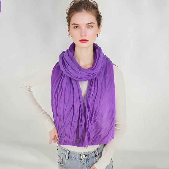 Women Scarf Shawl Solid Color Soft Warm Pleated Scarf UV Protection Casual Cotton Linen Shawl Fashion Accessory