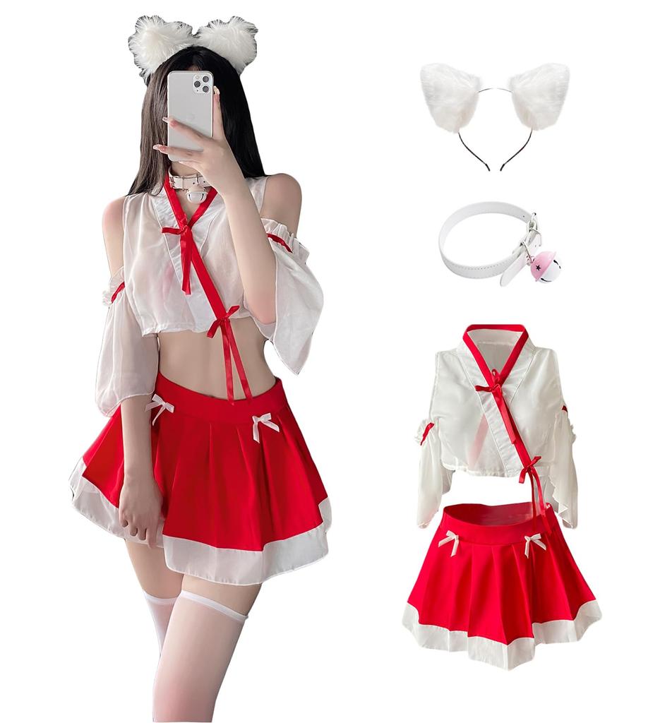 Sexy Shrine Maiden Costume Ears Bell Collar Shrine Maiden Fox Fairy Kimono for New Cute Cosplay Costume for School Cultural and Popular [Mominks] (Fox