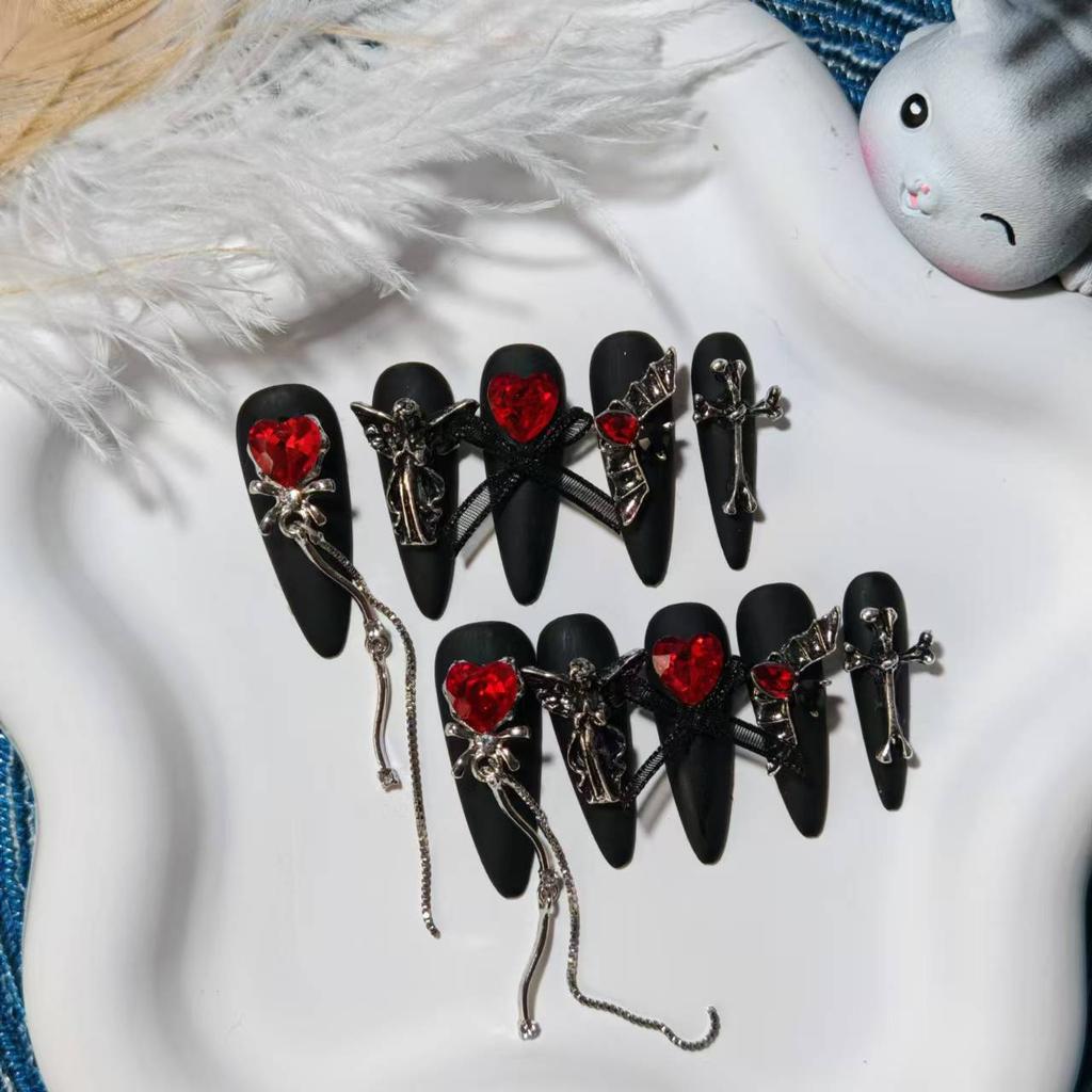 Frosted Dark‑Rose‑Red Pure Hand‑Made Press‑On Nails, Diamond‑Inlaid Wishing‑Angel Love‑Tassel Removable False Nail Patches