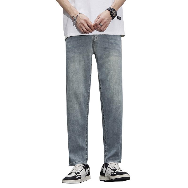 Tencel denim men's summer lightweight lyocell loose straight high-end soft trend versatile nine-point pants