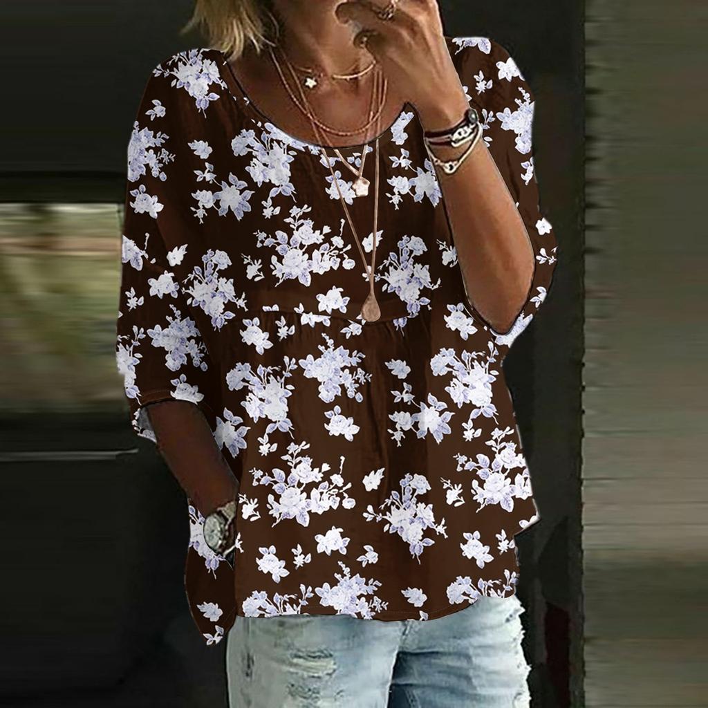 Women's Casual Fashion Three-quarter Sleeve Loose Round Neck Floral Print Top
