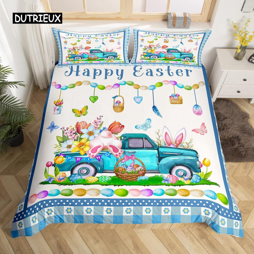 Poszewka na kołdrę z krasnalem i jajkami wielkanocnymi, zestaw pościeli z motylami i tulipanami, mikrofibra, tęcza, deska drewniana, kawaii, poszwa na kołdrę z krasnalem