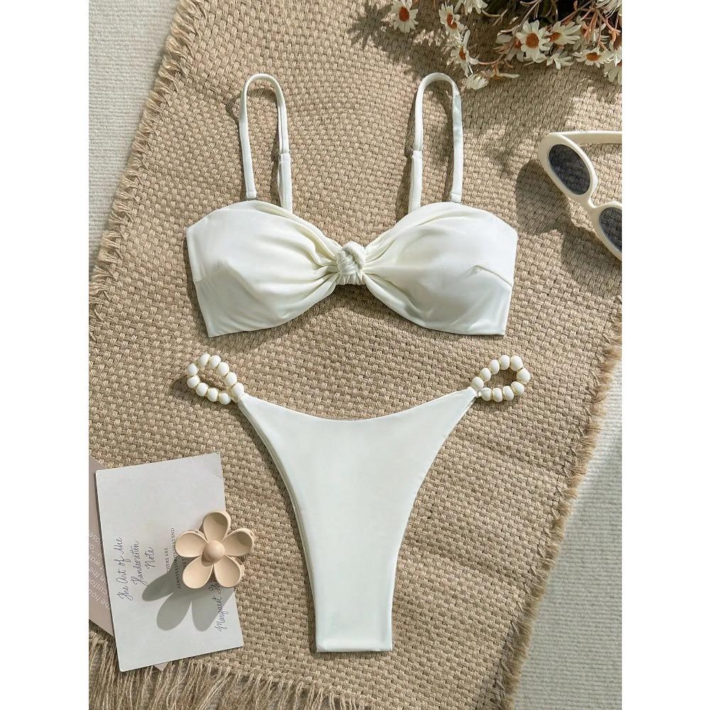 Bikini Alb Sexy 2025 Femei Femei Fundă Față Push Up Perle Tanga Costum de Baie Costum de Baie de Vară Costum de Baie Două Piese Biquini