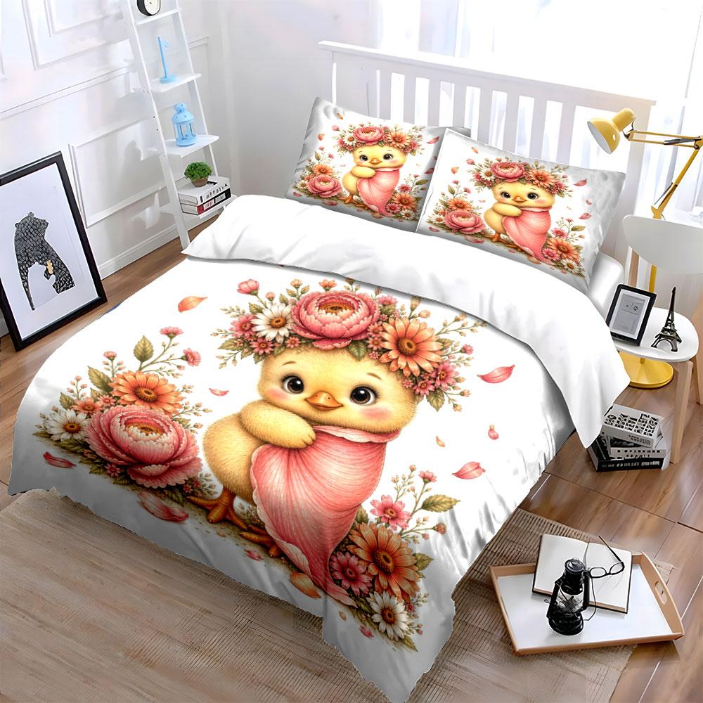 Adorable Chick With Floral Wreath Pattern Duvet Cover Set With 3D Printing Design Soft Polyester Bedding Set All-Season Comfort