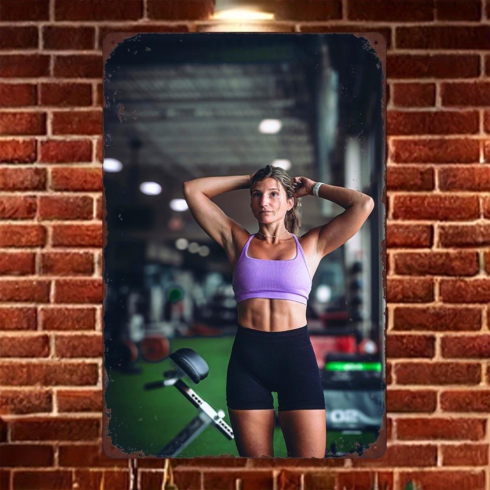 HD Metal Tin Sign Tattooed Fitness Woman Doing LSit on Parallel Bars in Gym Wall Decor for Home Gym