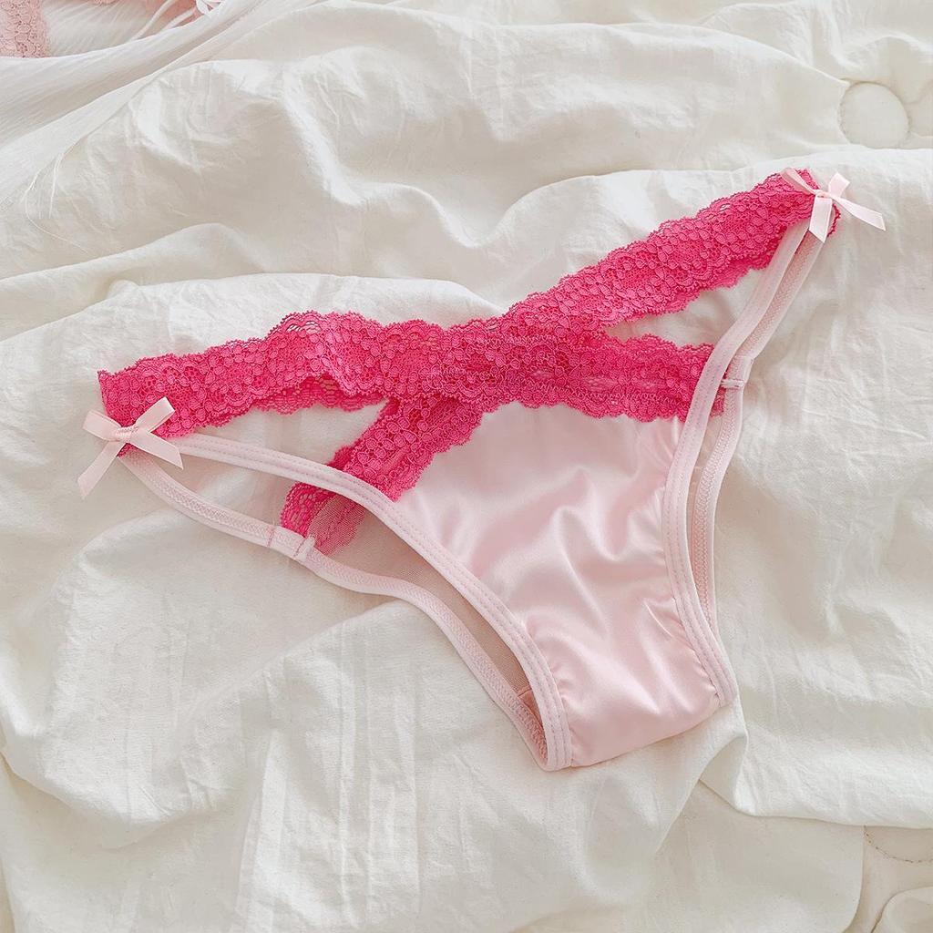 Rose Pink Low-Waist Lace Bow Sexy Breathable Panties