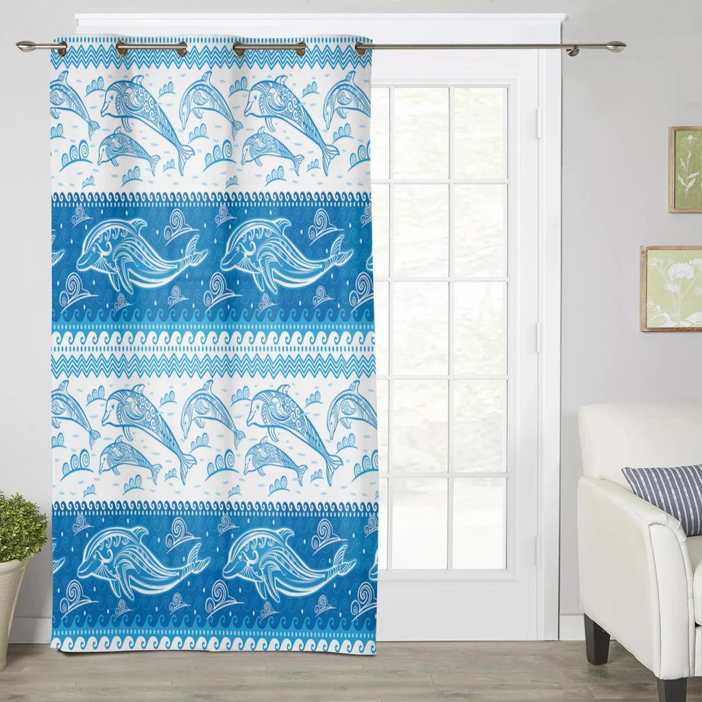 Dolphin Wave Summer Heavy Fabric Clackout Curtains Modern Living Area Room Bedroom High Shading Drape New Design Style Blue Theme Window Drape
