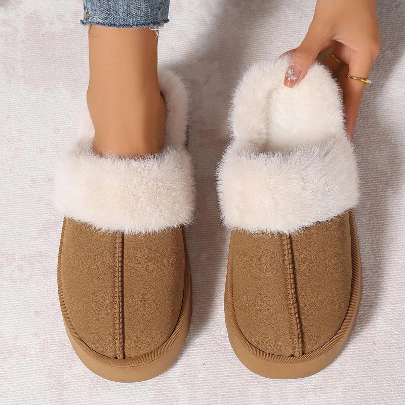 Winter Women Platform Slippers Warm Plush Slippers Women Fashion Indoor Outdoor Fluffy Suede Mules Female Snow Cotton Shoes