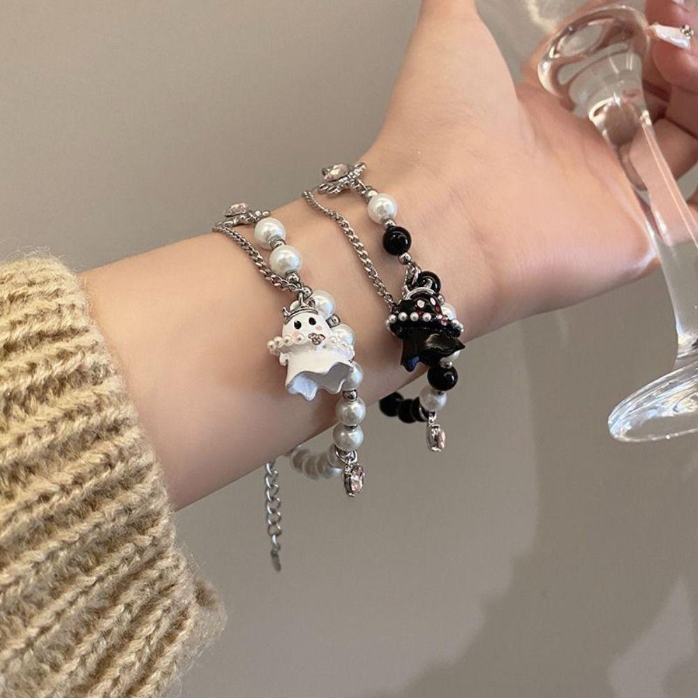 2PCS Pearl Beaded Halloween Couple Bracelets Funny Ghost Pendant Bracelet  Jewelry Gifts
