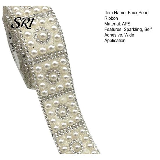 10mm Faux Pearl Trim Rhinestone Ribbon 1 Yard Self Adhesive Decorative Strip Elegant Applique White Accent for Clothing Shoes Phone DIY Crafts 30mm