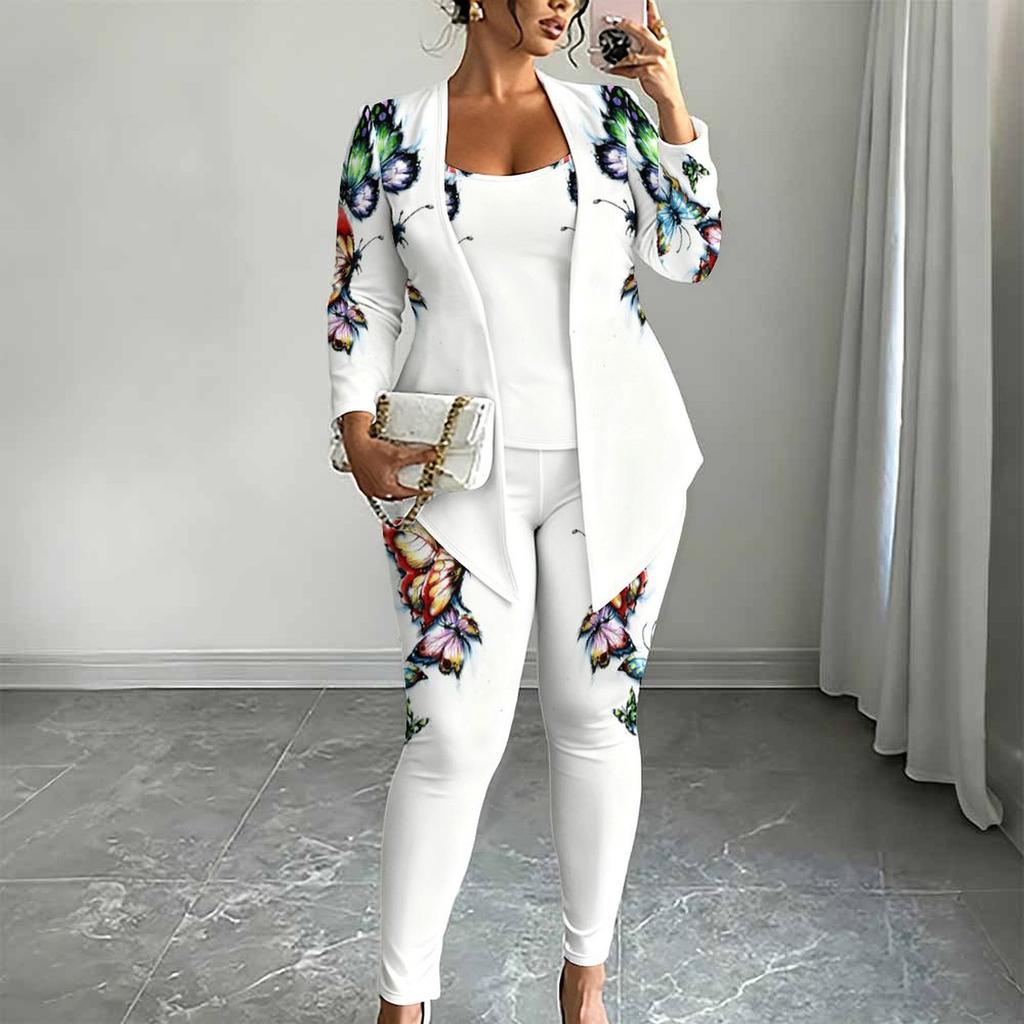Plus Size Floral Print 3 Piece Outfit, Long Sleeve Open Front Cardigan Cami Top Leggings Set for Women