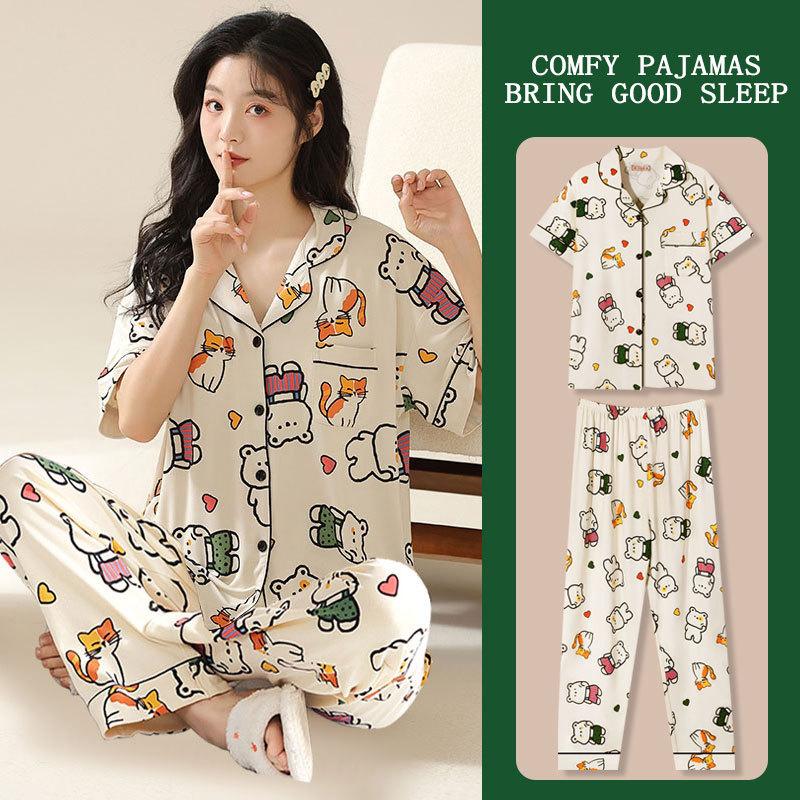 Foreign Trade Pajamas Female Cute Cartoon Bear Short-Sleeved Trousers Lazy Home Summer Cardigan Loungewear Ladies
