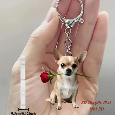 Cucciolo carino che tiene fiori, acrilico piatto 2D, ciondolo, adatto per portachiavi, zaino, ciondolo, Natale, Halloween