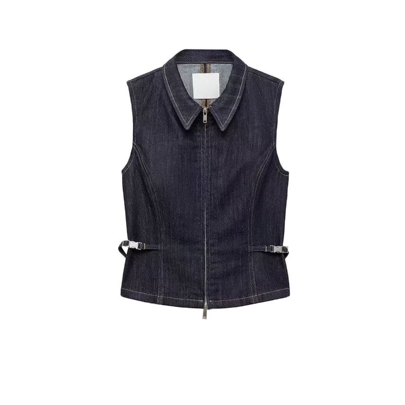 Autumn and Winter New Women Clothes Lapel Sleeveless Zipper Ornament Metal Details Waist Hugging Denim Vest 77036349