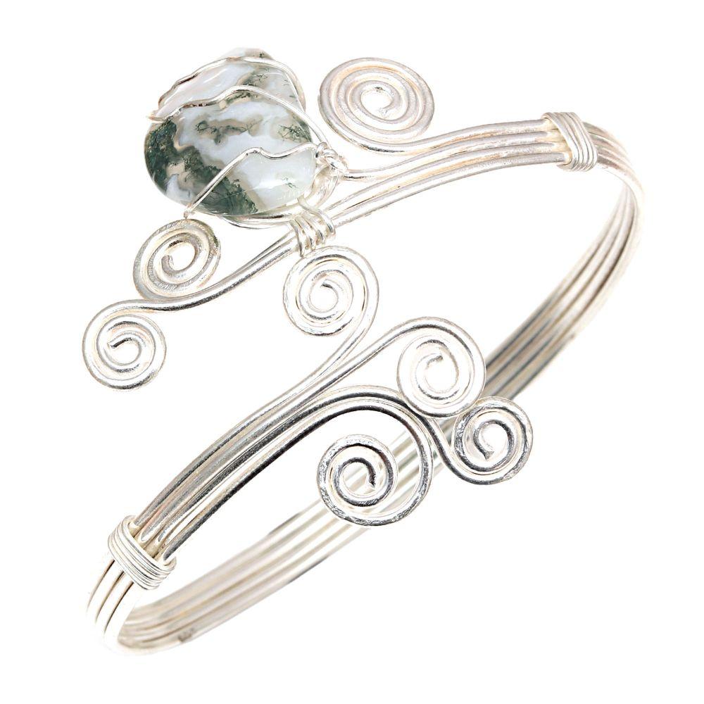 

Браслеты-манжеты из серебра ручной работы с моховым агатом, регулируемые, 7 дюймов