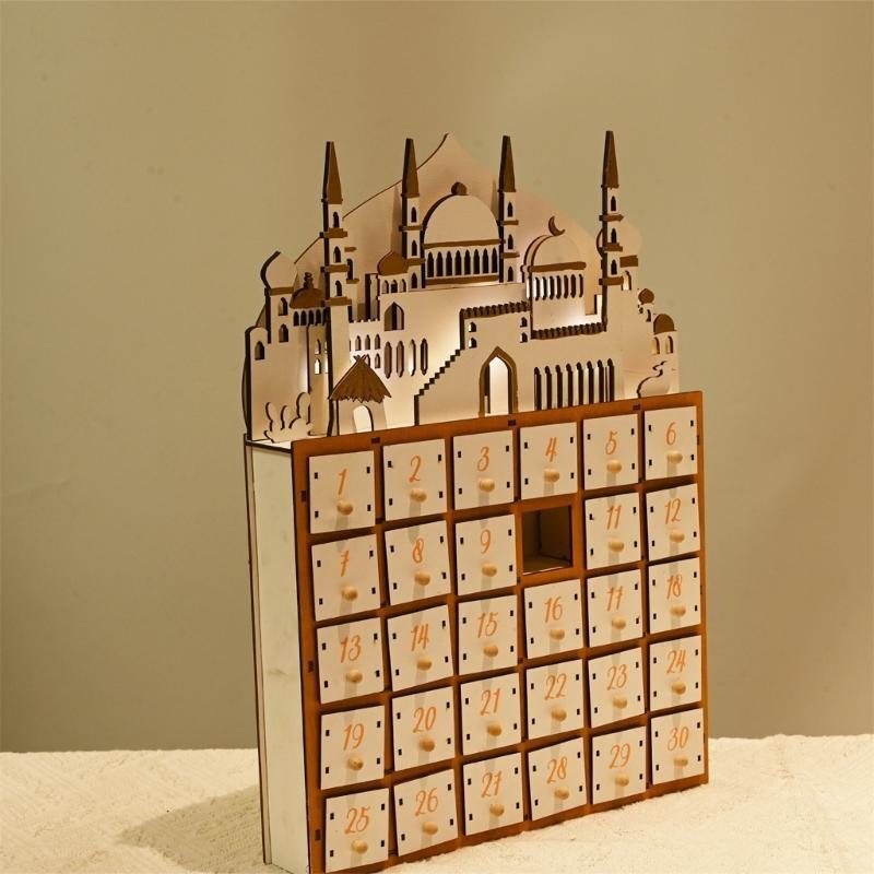 652F Islamische Wohnaccessoires Eid Ramadans Adventskalender mit LED-Beleuchtung und 30 kleinen Schubladen Muslimische Partyartikel
