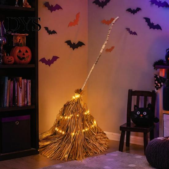 Rustic Farmhouse Fall Decorations 5.5 Ft Giant Light-up Witch Broom, Vintage Twig Broom with String Light, Unique Autumn Holiday Gift Decoration