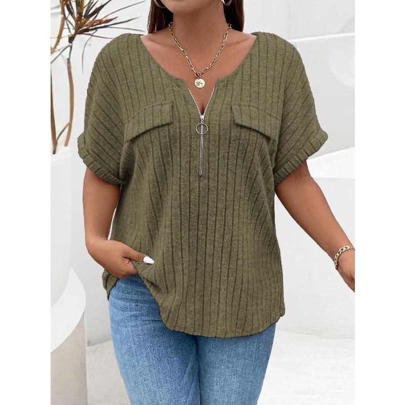 QICED Women's Fashion Casual Solid Color Print Short Sleeve V Neck Blouses & Shirts
