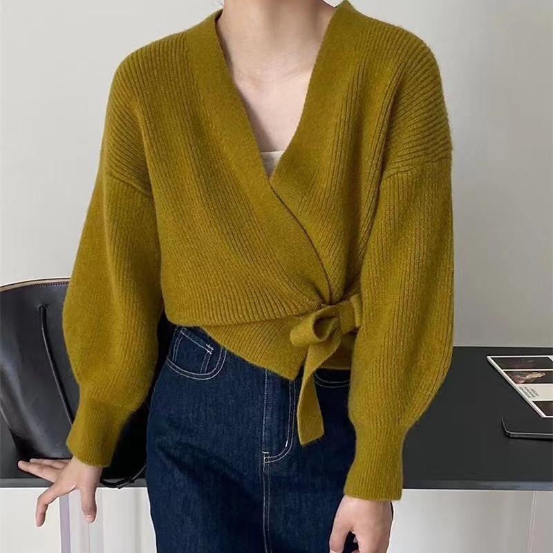 Cárdigan corto de punto con cuello en V y pajarita para mujer, cárdigan de cintura alta, suéter, abrigo, Top con diseño superpuesto, otoño