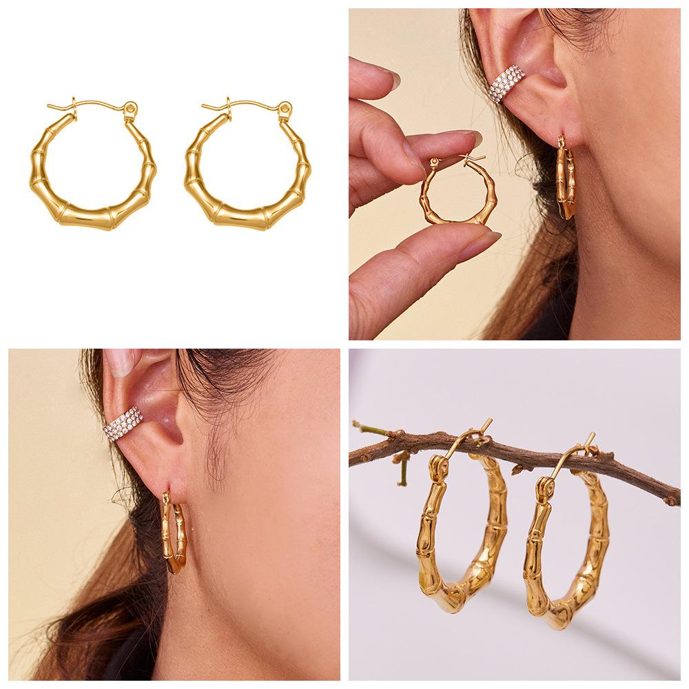 Qiong Yao Bamboo Joint Stainless Steel Earrings - PVD Gold-Plated Fashionable Color-Retaining Earrings for Women