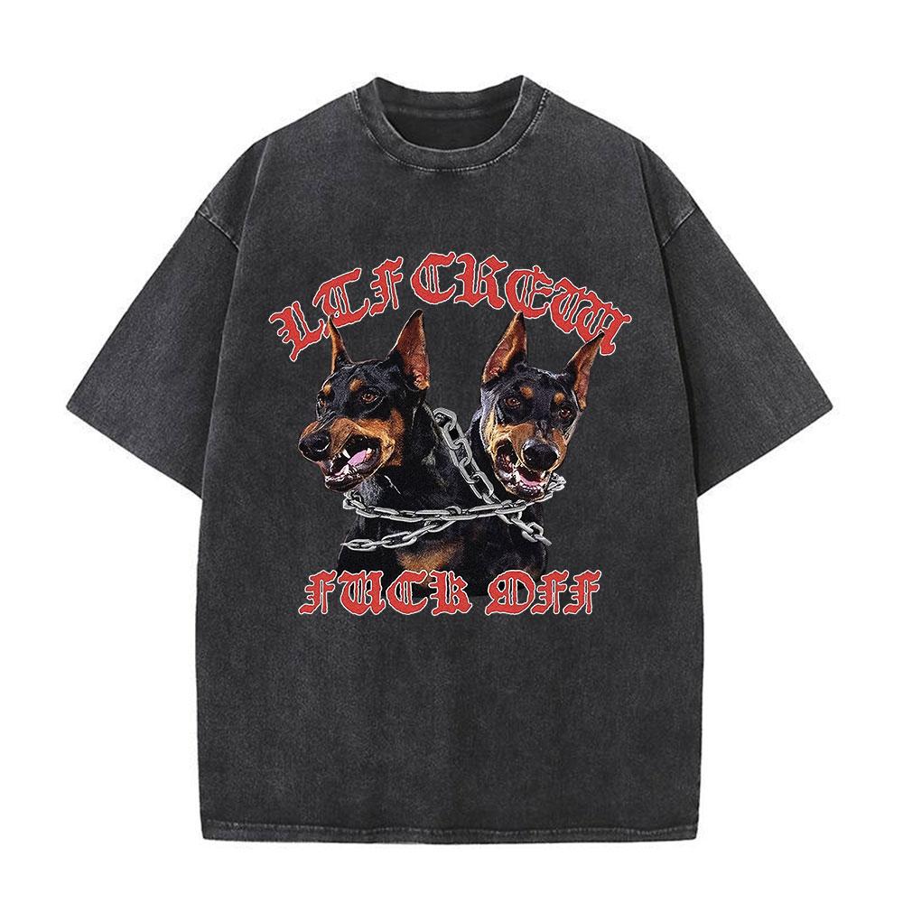 Men Washed T Shirt Oversized Streetwear Hip Hop Doberman Dog Graphic T-shirt Vintage Distressed Cotton Short Sleeve T-shirts