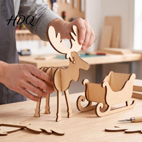 Festive Elk And Sleigh Model Wooden Christmas and Tabletop Ornament DIY Wood Art Craft