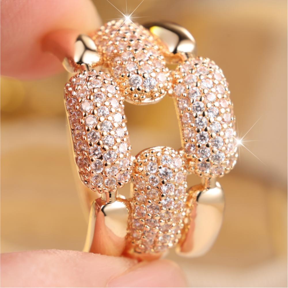 Luxury Gold Silver Color Cubic Zirconia Chain Link Ring for Women Daily Party Wedding Jewelry Gift