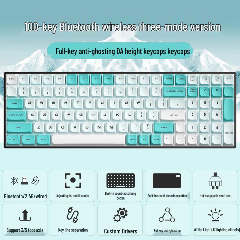 Wireless Bluetooth Mechanical Keyboard - 100-Key, Three-Mode, Compact Design, Office Customizable, Hot-Swappable Switches